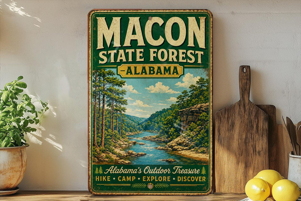 A vintage-style metal sign for the Macon State Forest in Alabama, featuring a scenic illustration of a river and forest landscape.
