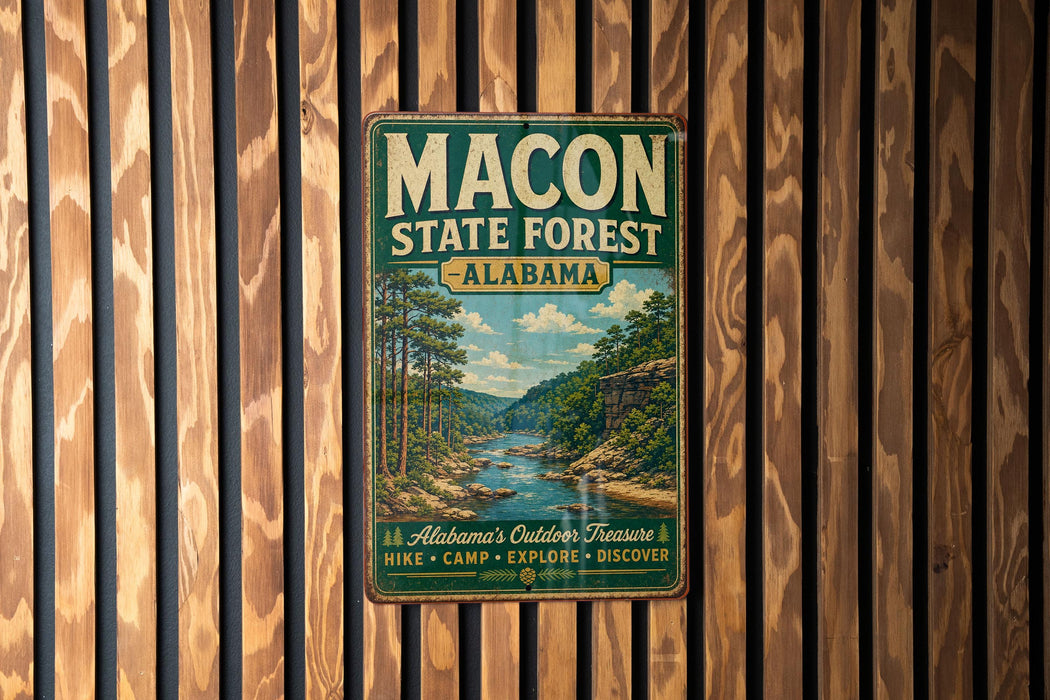 A vintage metal sign for the Macon State Forest in Alabama, featuring a scenic illustration of a forest landscape with a river.