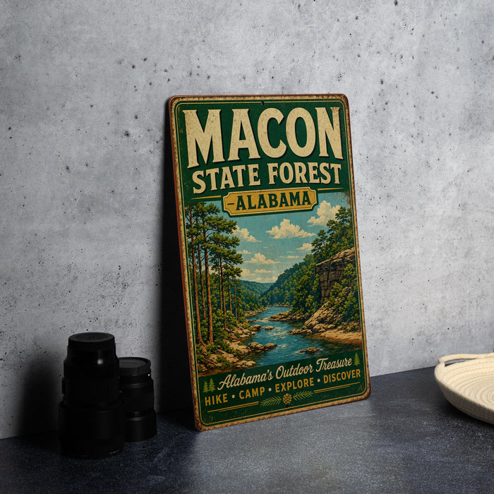 A vintage metal sign for the Macon State Forest in Alabama, featuring a scenic illustration of a forest landscape with a river.