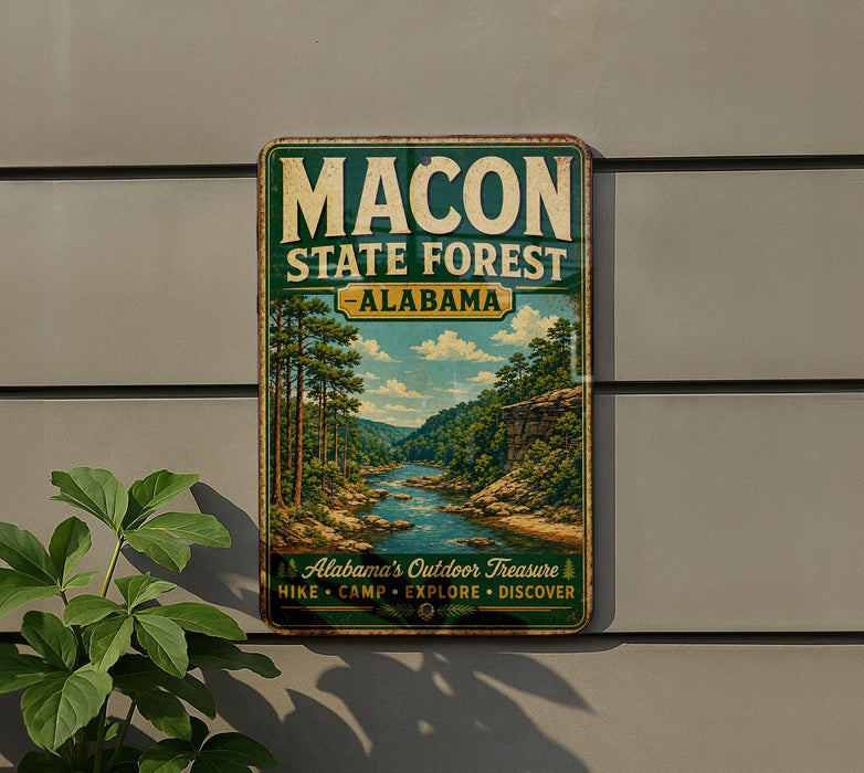 A vintage metal sign for the Macon State Forest in Alabama, featuring a scenic landscape with a river and trees.