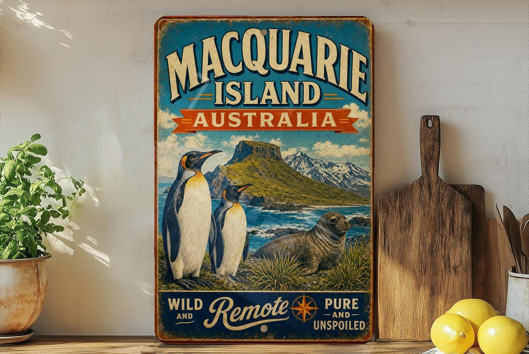 A vintage-style metal sign for Macquarie Island, Australia, featuring illustrations of penguins and a seal, with the text "Macquarie Island, Australia, Wild and Remote, Pure and Unspoiled".