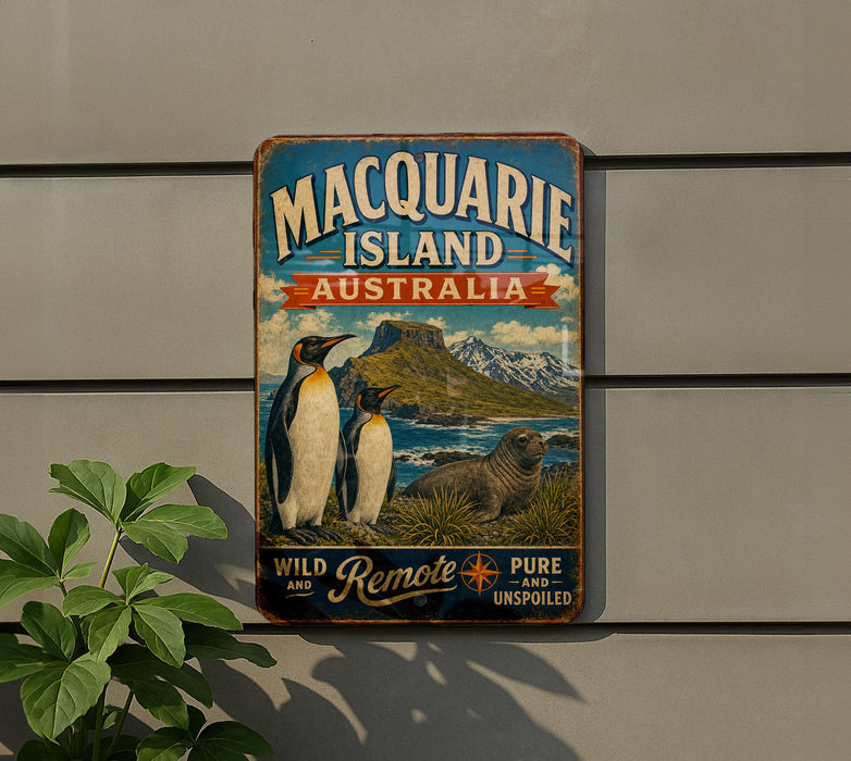 A vintage metal sign advertising Macquarie Island, Australia, featuring a scenic illustration of penguins and a seal in a natural landscape.