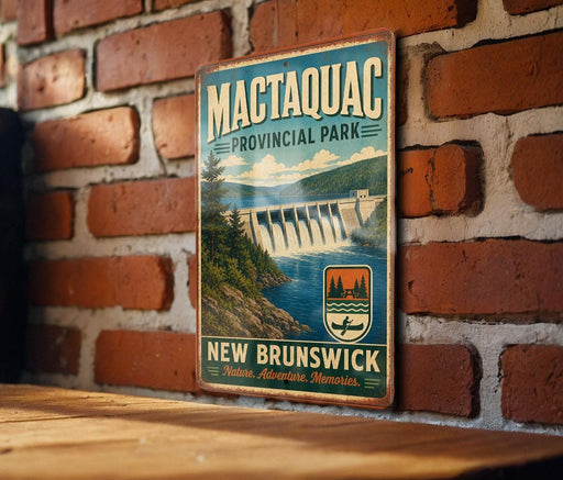 A vintage-style metal sign for Mactaquac Provincial Park, New Brunswick, Canada, featuring a scenic image of the park and its surroundings.