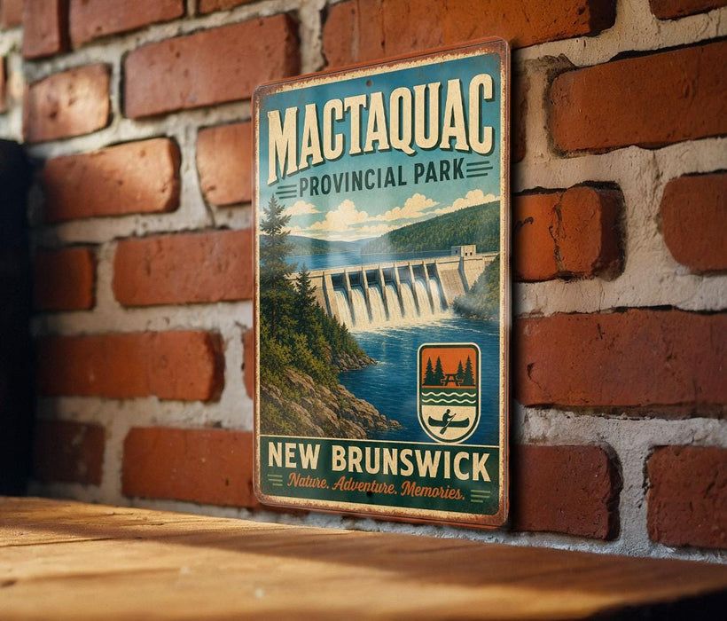 A vintage-style metal sign for Mactaquac Provincial Park, New Brunswick, Canada, featuring a scenic image of the park and its surroundings.