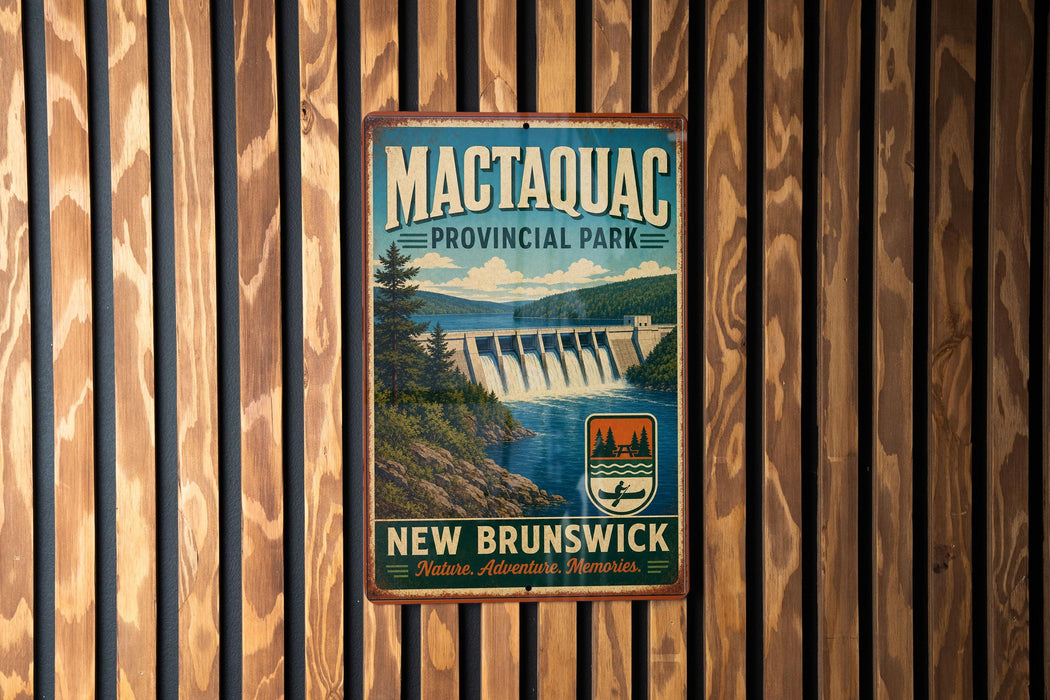 A vintage-style metal sign for Mactacqua Provincial Park, New Brunswick, Canada, featuring a scenic image of a waterfall and forest.