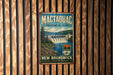 A vintage-style metal sign for Mactacqua Provincial Park, New Brunswick, Canada, featuring a scenic image of a waterfall and forest.