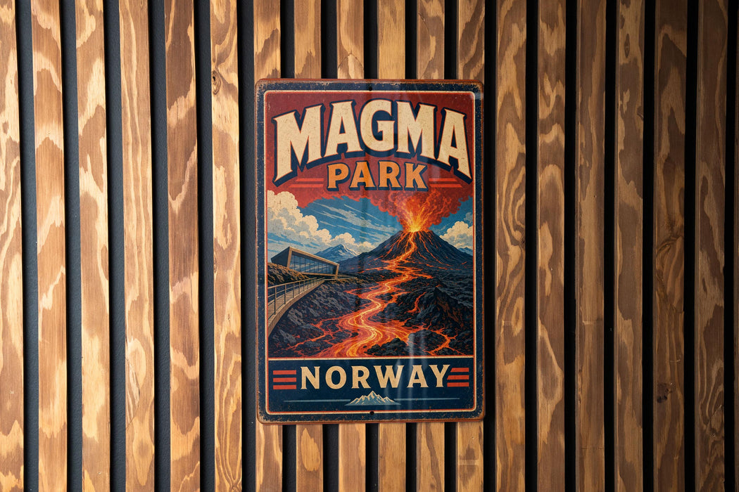 A vintage metal sign for Magma Park in Norway, featuring an illustration of a volcano with lava flowing down its sides.