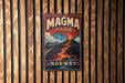 A vintage metal sign for Magma Park in Norway, featuring an illustration of a volcano with lava flowing down its sides.