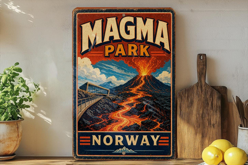 A vintage-style sign for Magma Park in Norway, featuring a colorful illustration of a volcano with lava flowing down its sides.