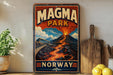 A vintage-style sign for Magma Park in Norway, featuring a colorful illustration of a volcano with lava flowing down its sides.