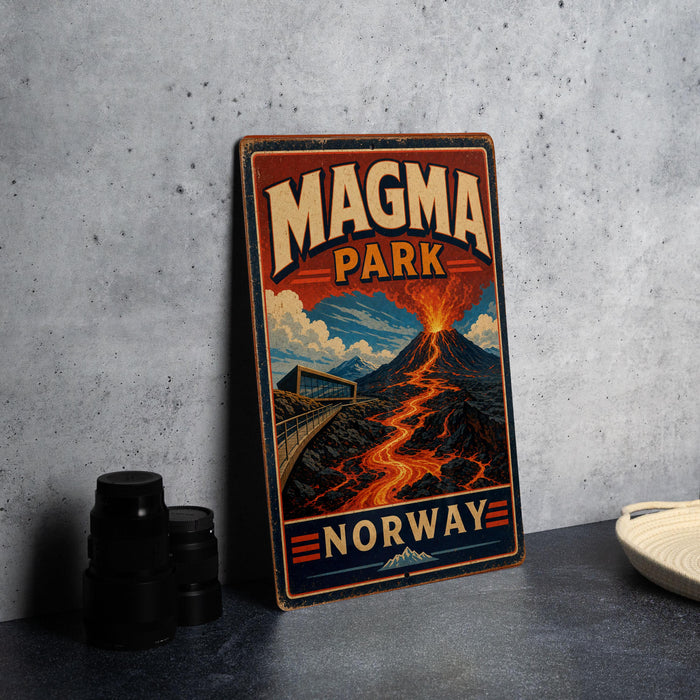 A vintage-style sign for Magma Park in Norway, featuring an illustration of a volcano with lava flowing down its sides.