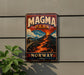 A vintage-style metal sign for Magma Park in Norway, featuring an illustration of a volcano with lava flowing down its sides.