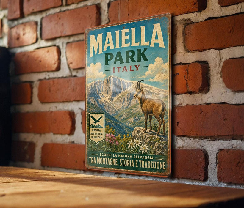A vintage metal sign for Maiella Park, Italy, featuring an illustration of a mountain landscape with a goat.