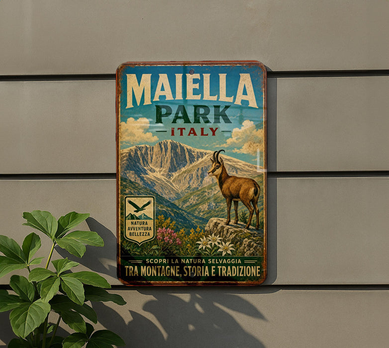 A vintage metal sign for Maiella Park, Italy, featuring a mountain landscape and a goat.