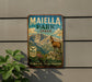 A vintage metal sign for Maiella Park, Italy, featuring a mountain landscape and a goat.