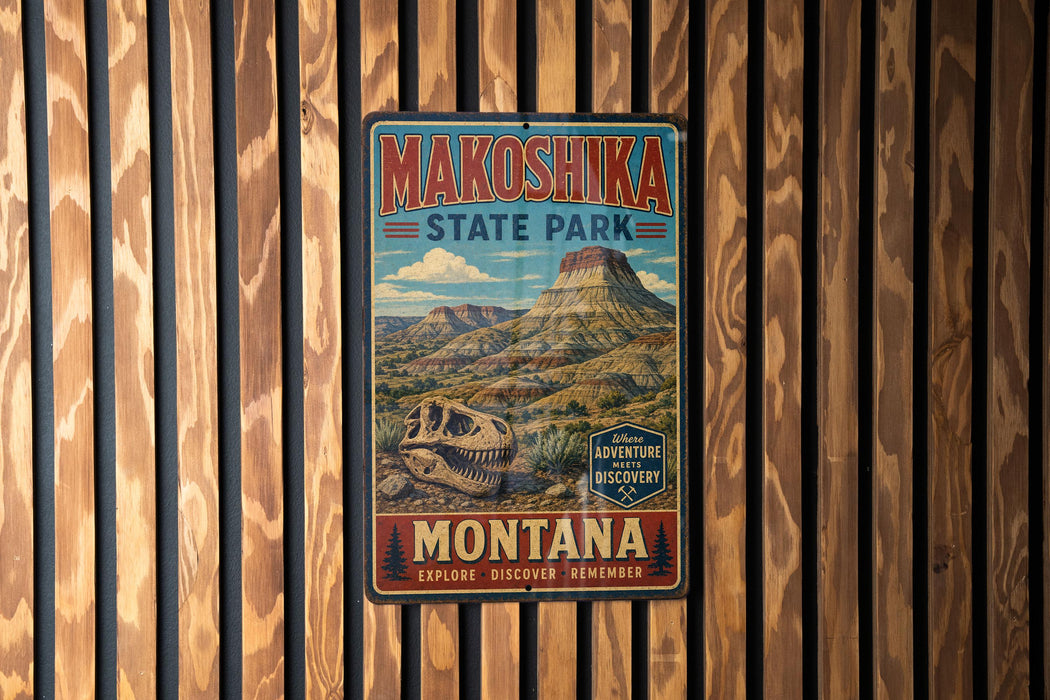 A vintage-style metal sign for Makoshika State Park, featuring a dinosaur and a mountain landscape, is displayed on a wooden wall.