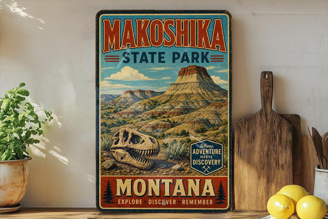A vintage-style metal sign for Makoshika State Park in Montana, featuring a dinosaur skull and a mountain landscape.