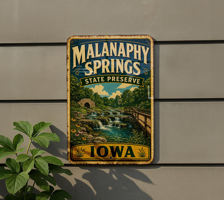A vintage-style metal sign for Malanaphy Springs State preserve, featuring a scenic landscape with a waterfall and a bridge.