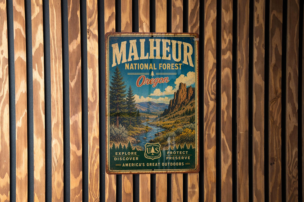 A vintage-style metal sign for the Malheur National Forest in Oregon, featuring a scenic landscape with mountains, trees, and a river.