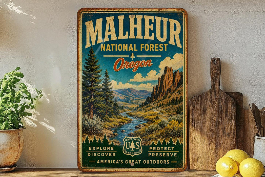 A vintage-style metal sign for Malheur National Forest in Oregon, featuring a scenic landscape with mountains, trees, and a river.