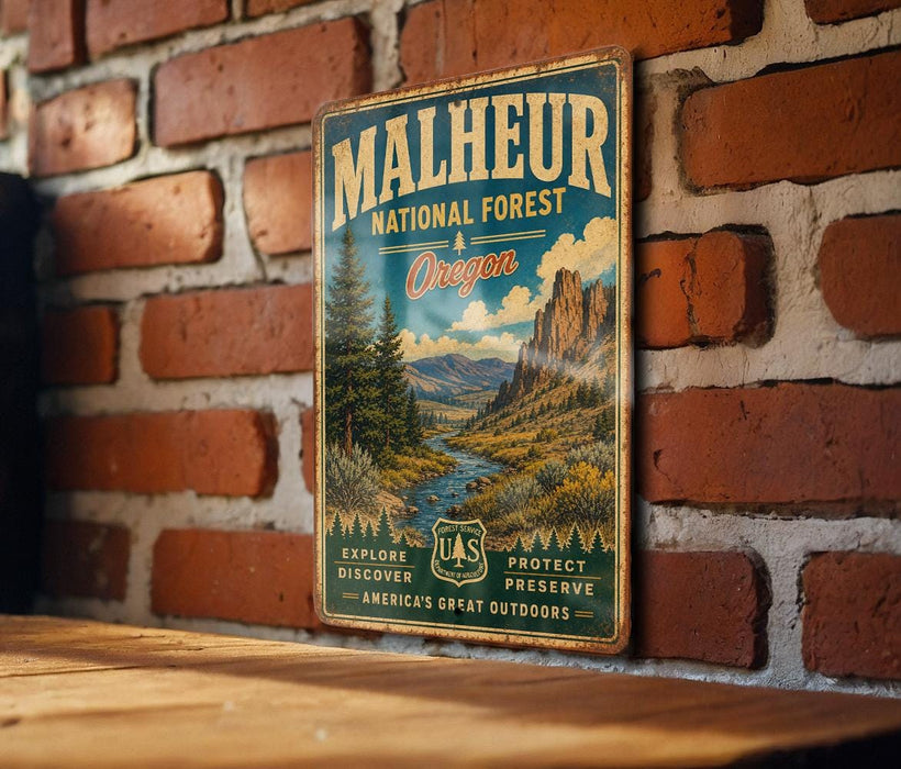 A vintage metal sign for Malheur National Forest in Oregon, featuring a scenic landscape with mountains, trees, and a river.