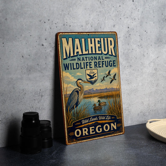 A vintage-style metal sign for the Malheur National Wildlife Refuge in Oregon, featuring an illustration of a heron and ducks in a natural setting.