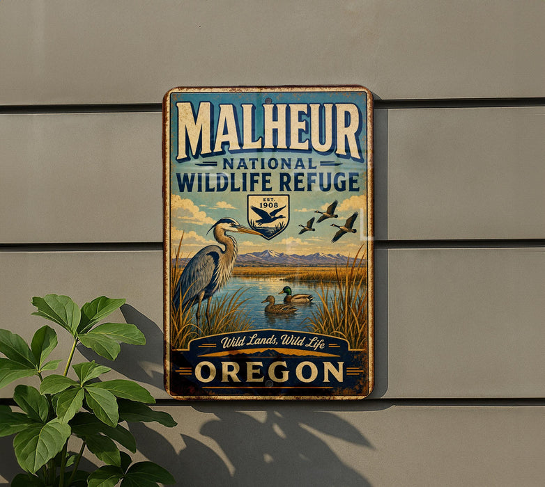 a metal sign with a vintage design, mounted on a wall next to a plant.