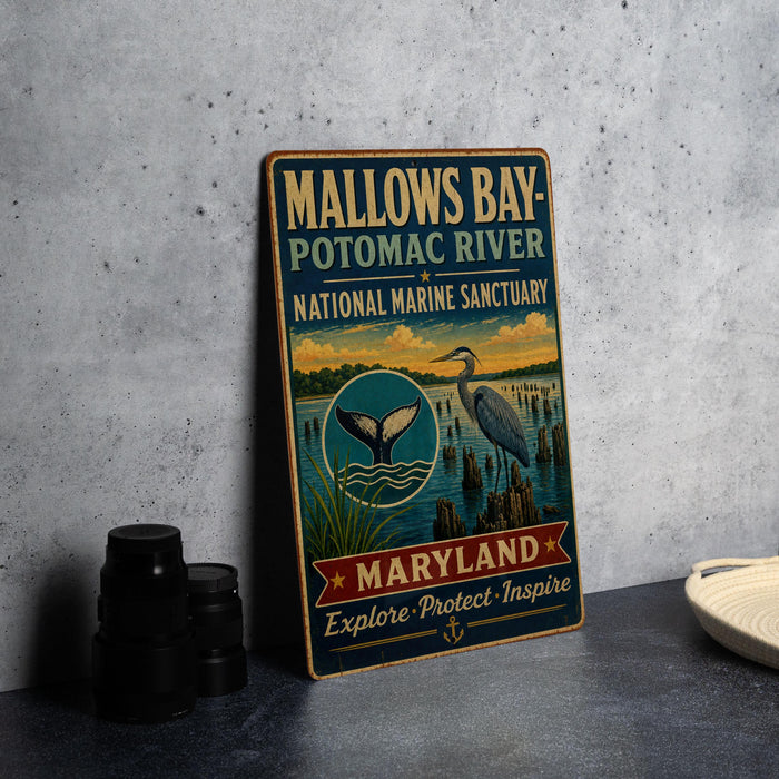 A vintage metal sign for the Potomac River National Marine Sanctuary in Maryland, featuring an illustration of a heron and the text "Mallows Bay-Potomac River National Marine Sanctuary Maryland Explore, Protect, Inspire".