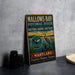 A vintage metal sign for the Potomac River National Marine Sanctuary in Maryland, featuring an illustration of a heron and the text "Mallows Bay-Potomac River National Marine Sanctuary Maryland Explore, Protect, Inspire".