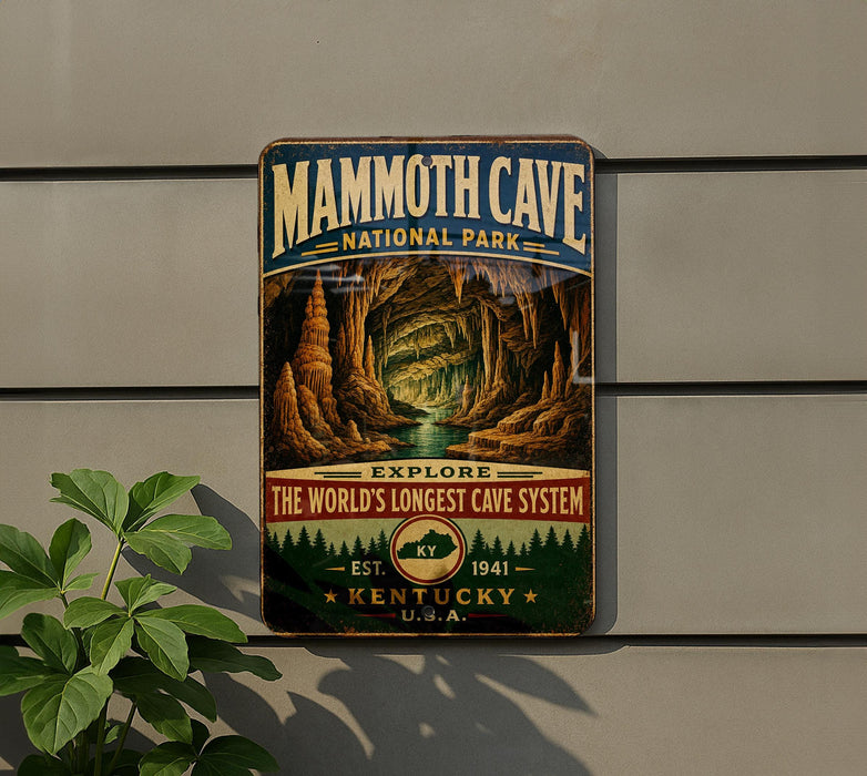 A vintage-style metal sign for Mammoth Cave National Park, featuring an illustration of the cave system and the text "Explore The World's Longest Cave System Est. 1941 KENTUCKY U.S.A."