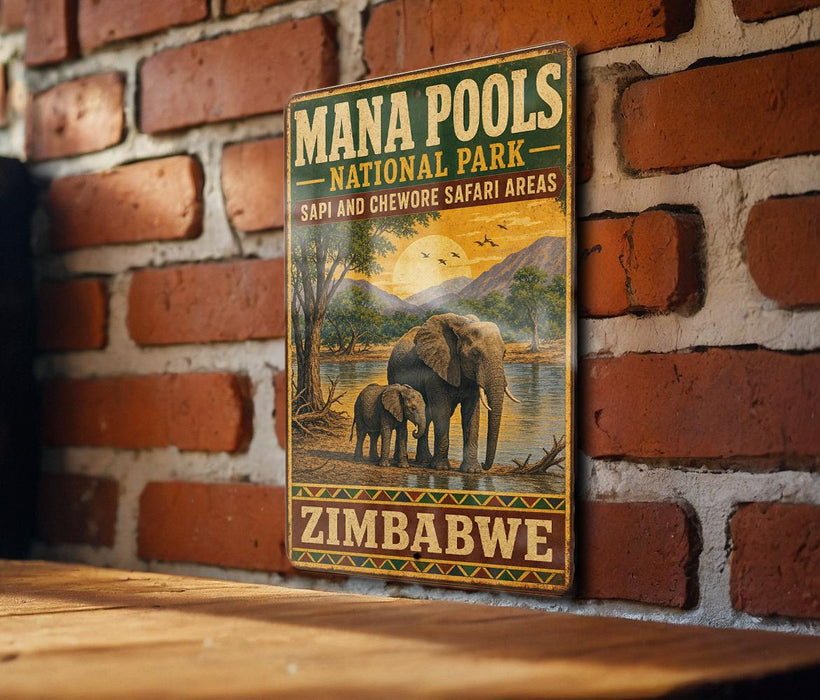 A vintage-style metal sign for the Mana Pools National Park in Zambéchini, featuring an illustration of elephants in a savanna landscape.