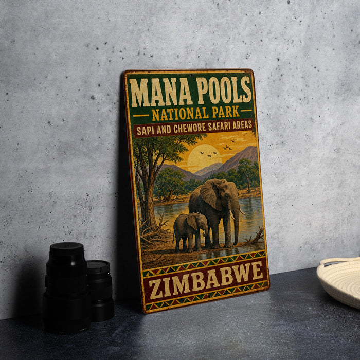 A vintage metal sign for the MANA POOLS NATIONAL PARK in Zimbabwe, featuring an illustration of elephants in a savannah landscape with a sunset in the background.