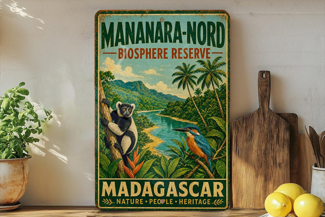 A vintage-style sign for the Mananara-Nord Biosphere Reserve in Madagascar, featuring a lush tropical landscape with a lemur and a kingfisher bird.