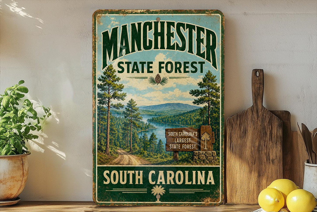 A vintage-style sign for Manchester State Forest in South Carolina, featuring a scenic landscape with pine trees, a lake, and mountains.