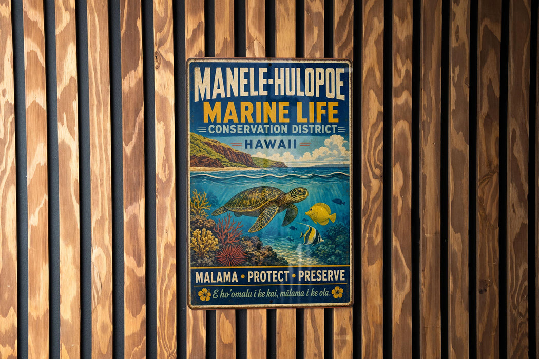 A metal sign with a colorful illustration of marine life, including a turtle and fish, is displayed on a wooden wall.