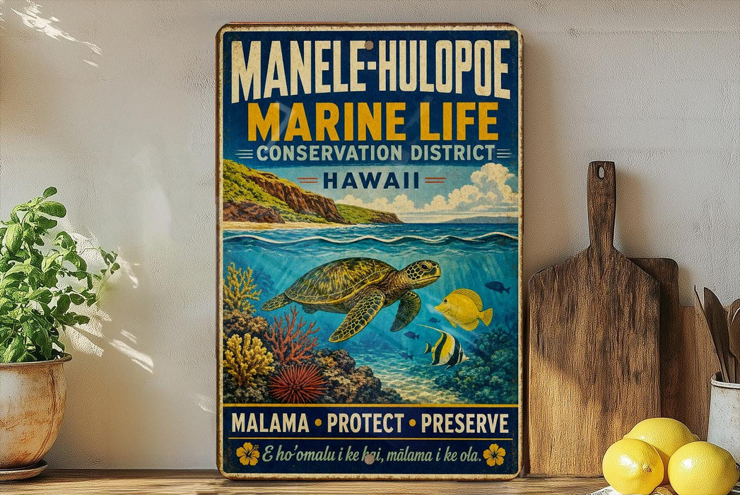 A vintage-style poster advertising the Manole-Hulopoe Marine Life Conservation District in Hawaii, featuring a colorful illustration of a sea turtle swimming among coral and fish.