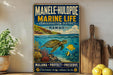 A vintage-style poster advertising the Manole-Hulopoe Marine Life Conservation District in Hawaii, featuring a colorful illustration of a sea turtle swimming among coral and fish.