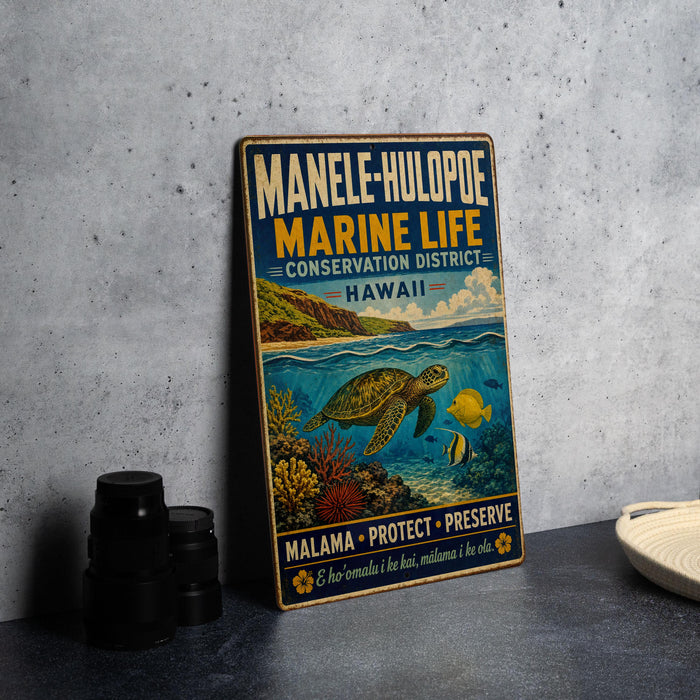 A vintage metal sign advertising the Manole-Hulopoe Marine Life Conservation District in Hawaii, featuring a colorful illustration of a sea turtle and coral reef.