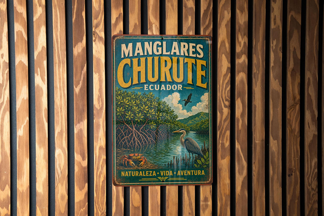 A vintage metal sign with the text "MANGLARES CHURUTE ECUADOR NATURA VIDA AVENTURA" hanging on a wooden wall.