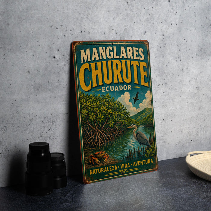 A vintage-style metal sign for "Manglares Churute" in Ecuador, featuring an illustration of a bird and a natural landscape.
