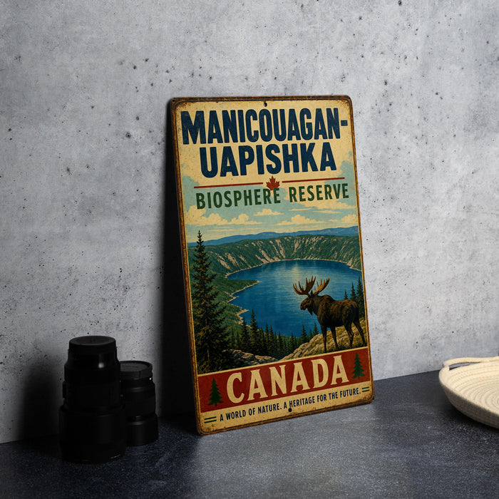A vintage-style metal sign for the Manicouagan-Uapishka Biosphere Reserve in Canada, featuring a moose and a scenic landscape.