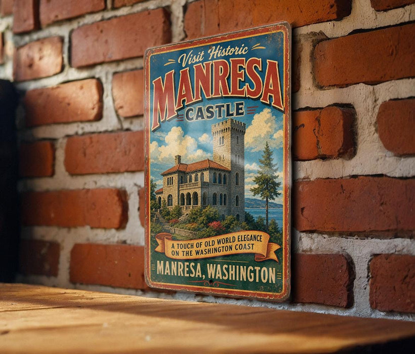 A vintage-style metal sign for the Manresa Castle, featuring an illustration of the castle and a castle tower, mounted on a brick wall.