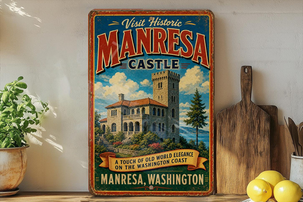 a vintage-style sign for the Manresa Castle, which is a historic landmark located in Washington, Manresa, Washington.