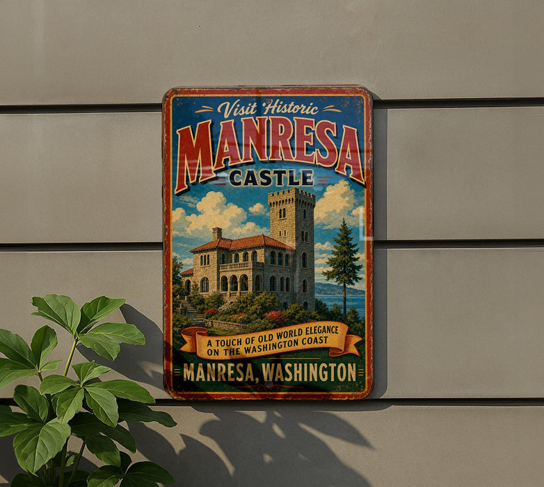A vintage-style metal sign for the Manresa Castle, featuring an illustration of the castle and a banner that reads "A Touch of Old World Elegance on the Washington Coast".