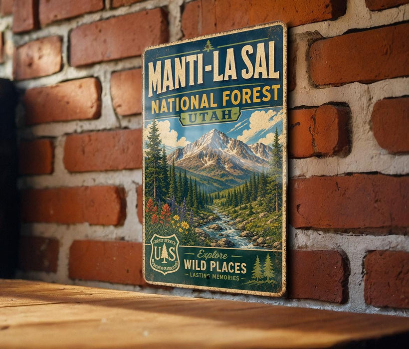 A vintage-style metal sign for the Manti-La Sal National Forest in Utah, featuring a scenic mountain landscape with pine trees and a river.
