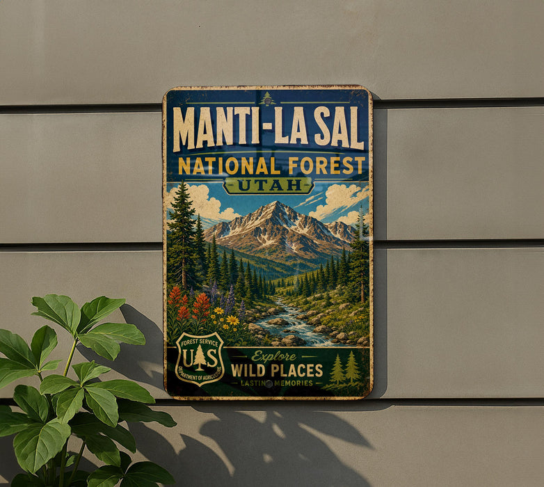 A vintage metal sign for Manti-La Sal National Forest in Utah, featuring a scenic mountain landscape with pine trees, a river, and colorful wildflowers.