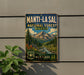 A vintage metal sign for Manti-La Sal National Forest in Utah, featuring a scenic mountain landscape with pine trees, a river, and colorful wildflowers.