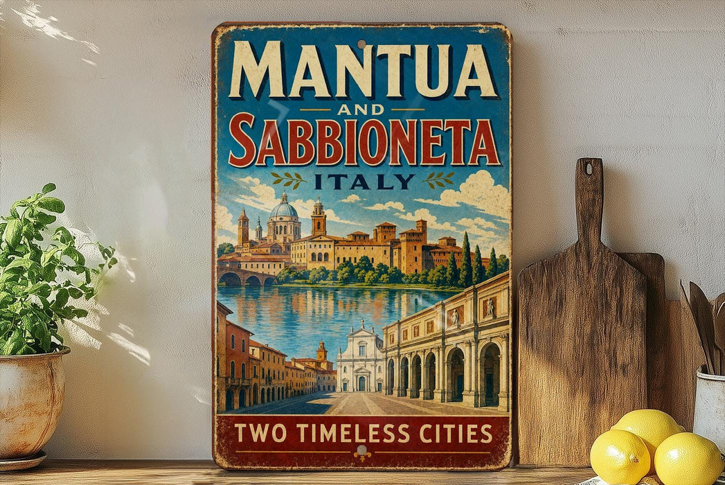 A vintage-style metal sign advertising "Mantua and Sabbioneta Italy" with a scenic illustration of the cities of Mantua and Sabbioneta.