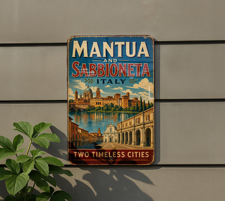 A vintage metal sign with the text "MANTA AND SABBIONETA ITALY" and an illustration of a cityscape, with the text "TWO TIMELESS CITIES" below it.