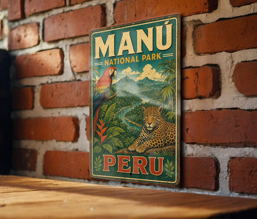 A vintage-style metal sign for the Manu National Park in Peru, featuring a parrot and a jaguar in a lush, tropical landscape.